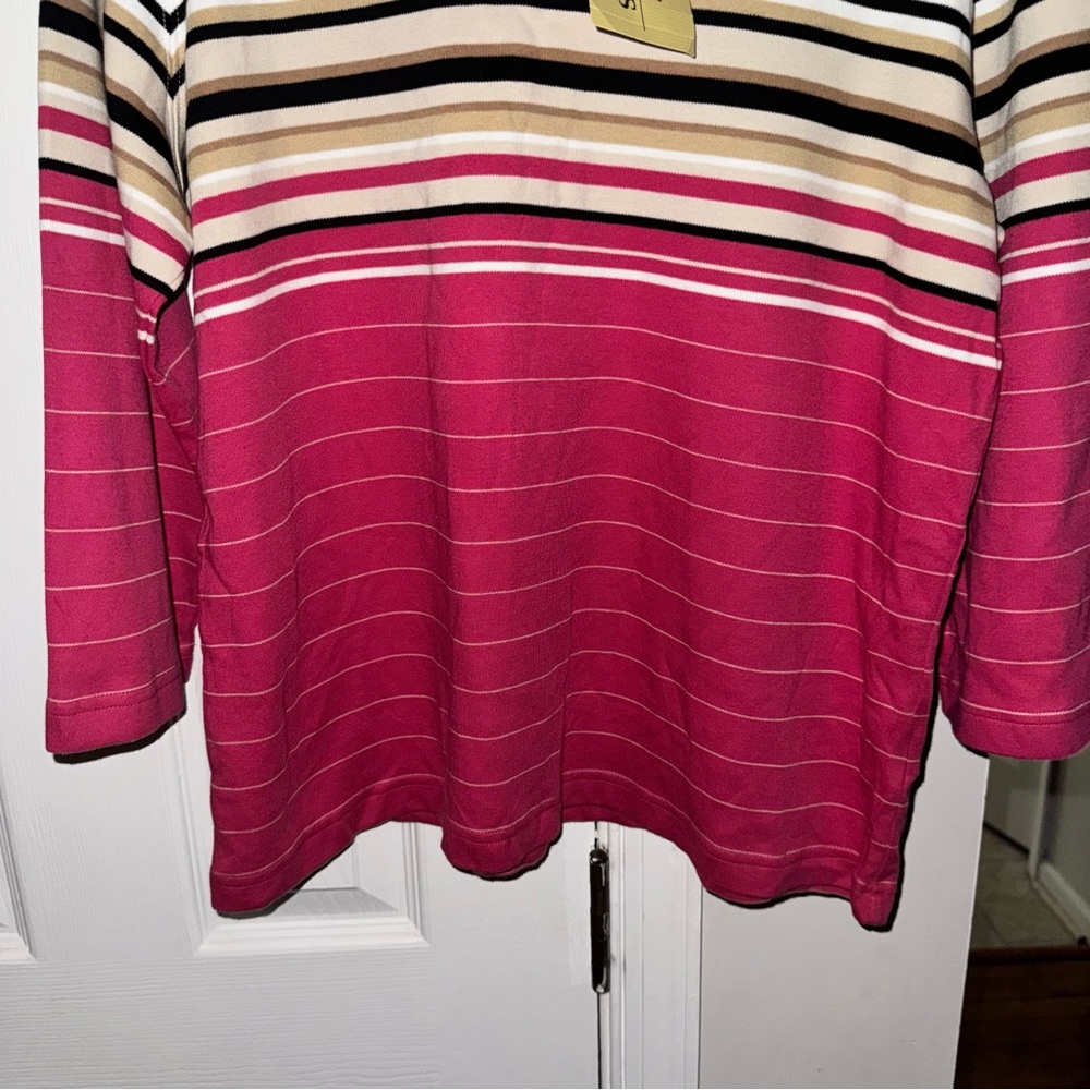 Classic Elements Women's L (14-16) Striped Knit Top 3/4 Sleeve Pink White Beige - Picture 4 of 14